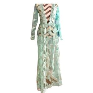 NWT House Of Smooch Mint Green Lace Long Sleeve Deep V Cut Coverup Size L